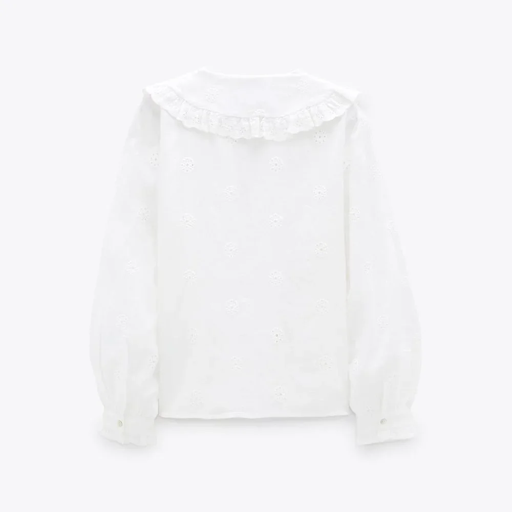 Zara White Eyelet Lace Button-Front Blouse